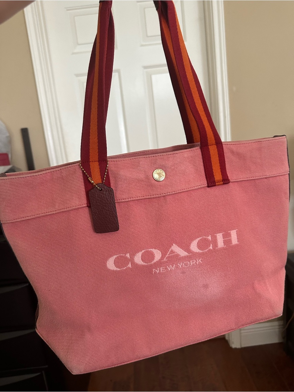 Coach Pink Canvas Tote with Red and Orange Striped Handles